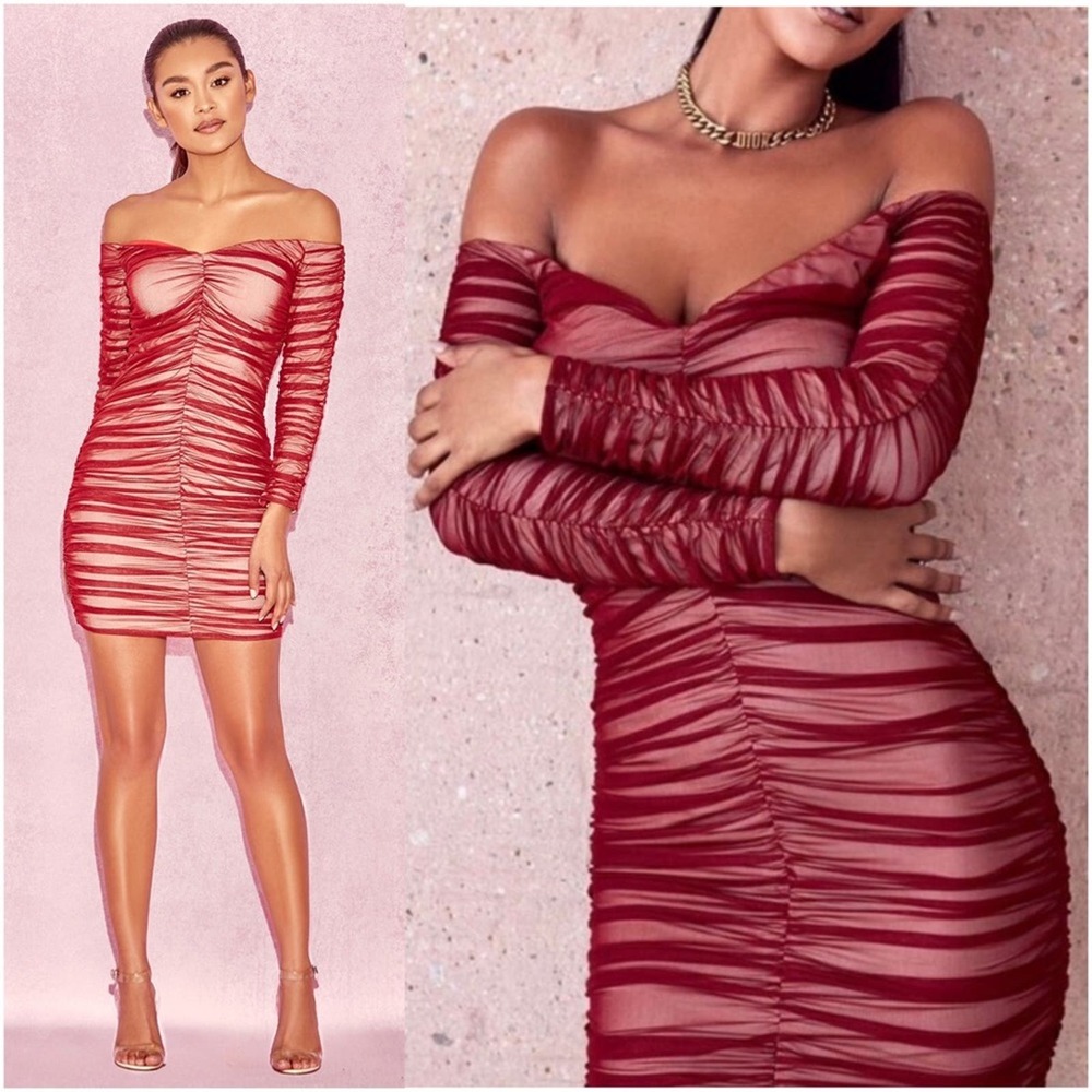 HOUSE OF CB Fifi Red Wine Stretch Tulle Dress NWT